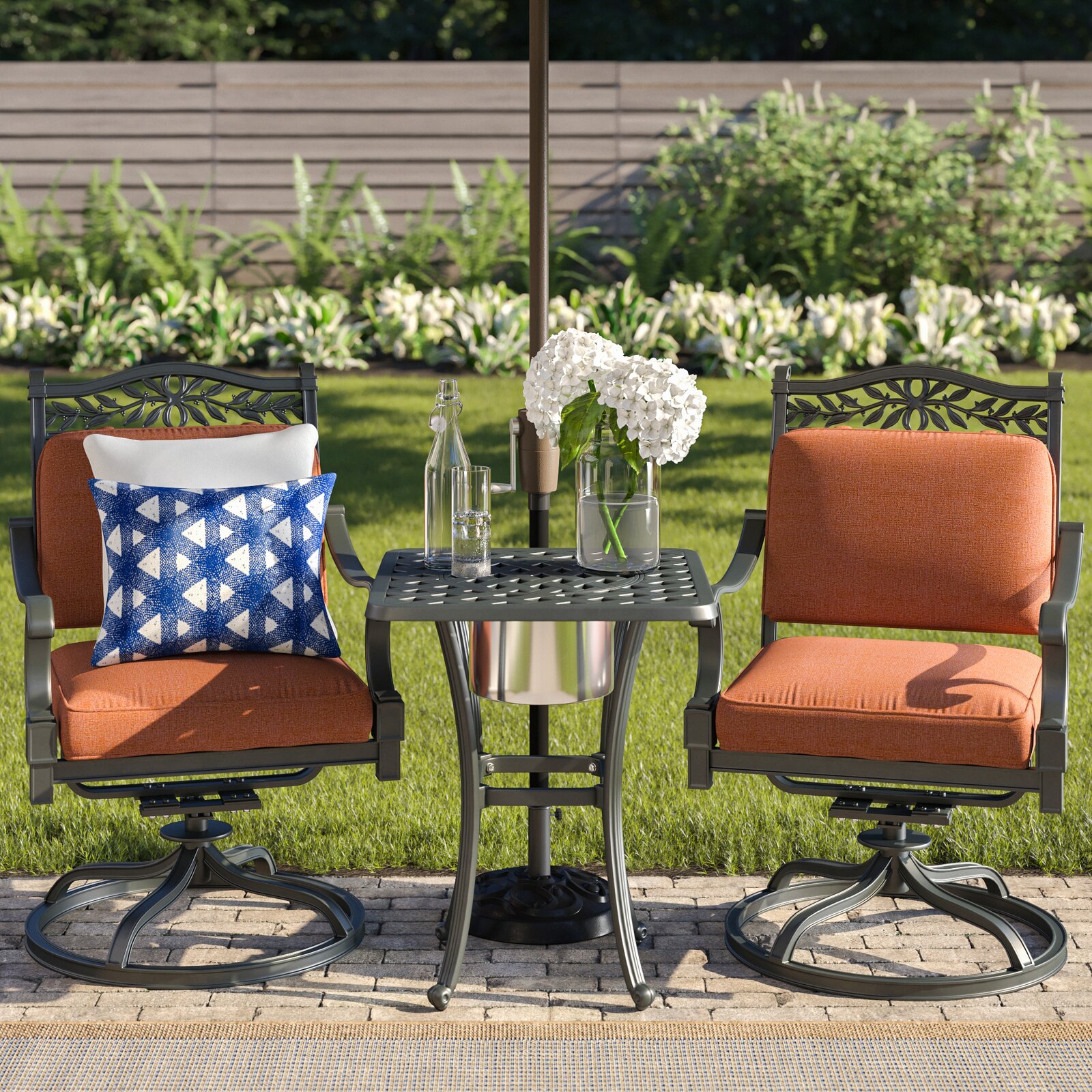 Three Posts? 3-Piece Patio Swivel Rocker Chair Conversation Set w/ Cushions and 21'' Square Ice Bucket End Table & Reviews